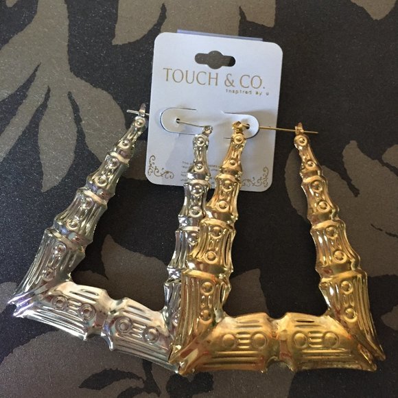 Statement Metal Bamboo Rectangular Hoop Ear Rings - Picture 8 of 8